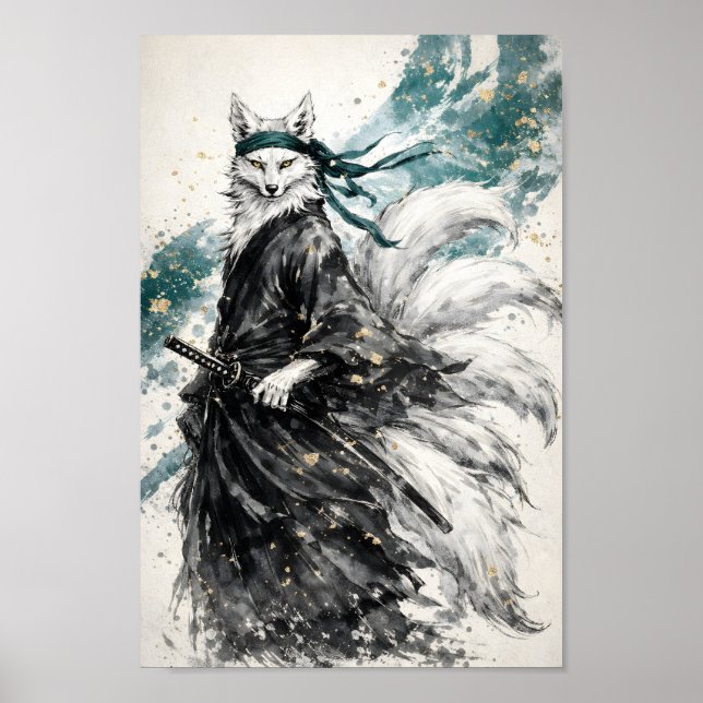 Arte de lavado de tinta de samurái zorro de nueve  (Frente)