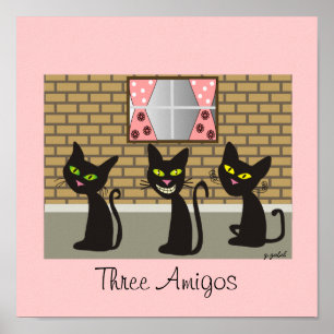 Arte de lienzo para gato negro "Tres amigos"