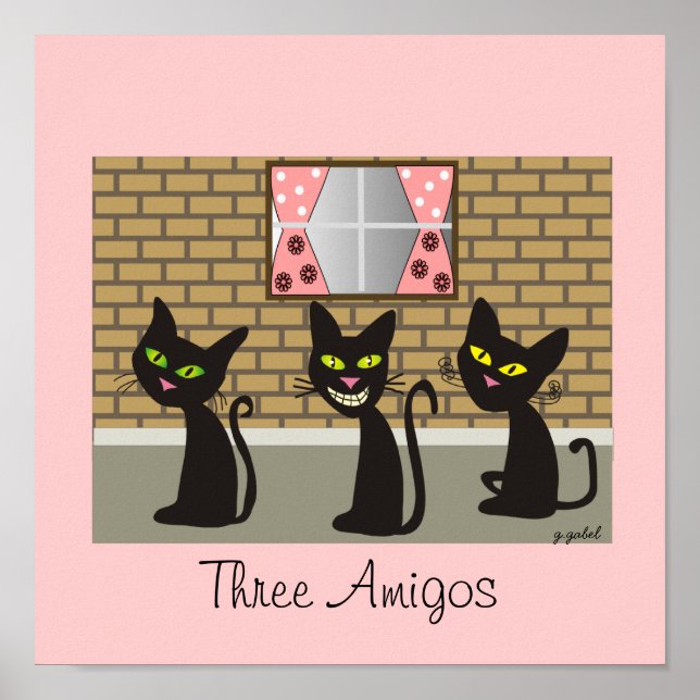 Arte de lienzo para gato negro "Tres amigos" (Frente)