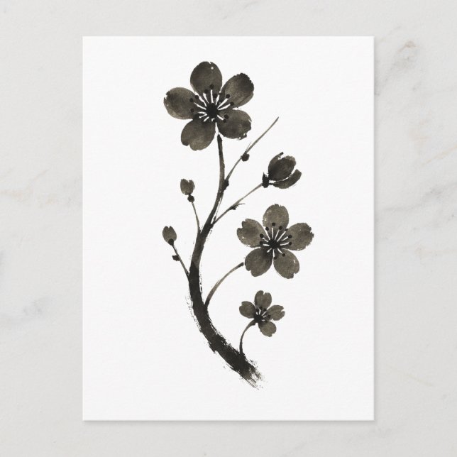 Arte de línea de ciruela de flor - Postales botáni (Anverso)