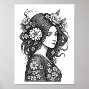 Arte de línea de mujer floral romántica