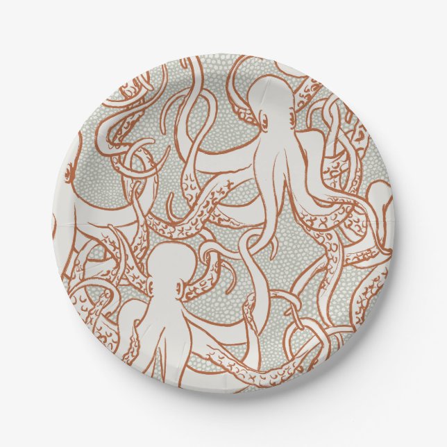 Arte de línea de pulpo | Platos redondos (naranja  (Anverso)