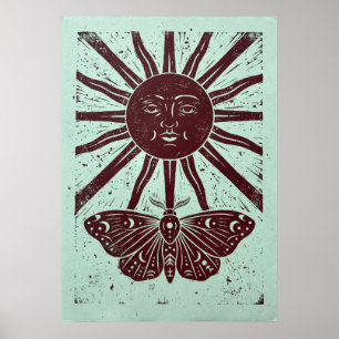 Arte de linóleo del sol celestial y la polilla lun