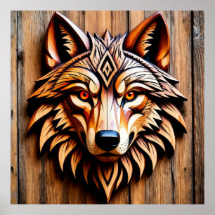 Arte de lobo de madera con patrones geométricos