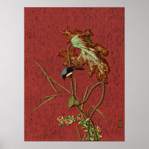 Arte de Loto de Pájaro Japonés Rojo Antiguo G.A. A
