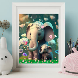 Arte de Mamá y Bebé Elefante Lindo en el Jardín de