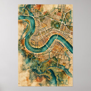 Arte de mapa aéreo de ciudad ribereña vintage