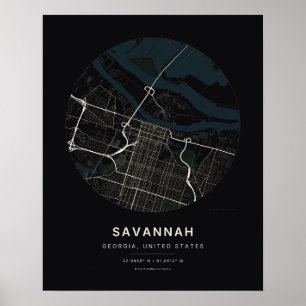 Arte de mapa de la ciudad negra de Savannah GA