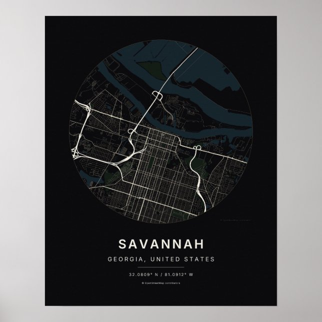 Arte de mapa de la ciudad negra de Savannah GA (Frente)