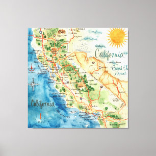 Arte de mapa de viaje de California en acuarela vi