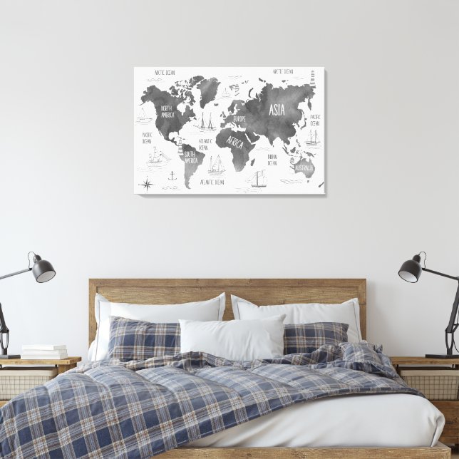 Arte de Mapa Mundial Negro Blanco Náutico (Insitu(Dormitorio))