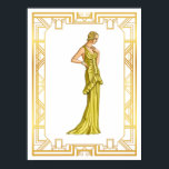 Arte de moda Gold Hollywood de los años 30<br><div class="desc">Disfrute de esta serie de ilustraciones de moda de estilo Art Déco. Este poster de moda de época presenta un aspecto retro de principios de los años 30, una modelo con vestido de seda dorada y brillante. Con el paso de la década de 1920, la moda femenina evolucionó hacia la...</div>