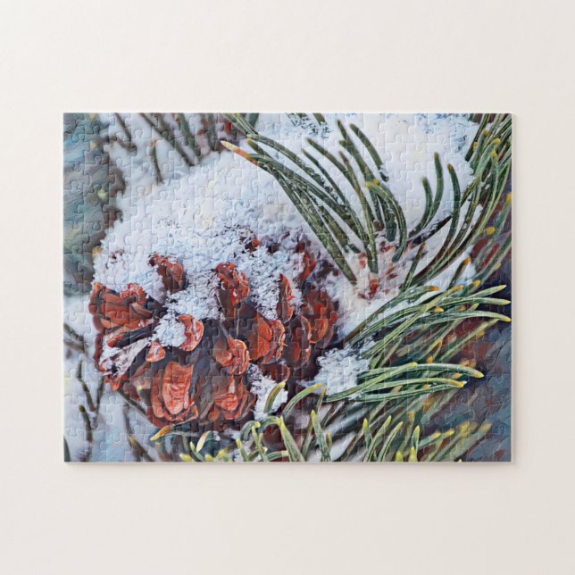 Arte de nieve y piñas Rompecabezas de invierno (Horizontal)