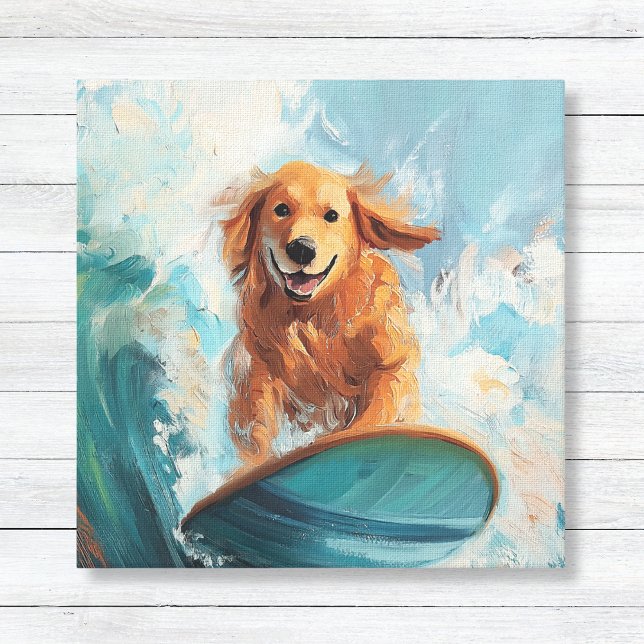 Arte de niños costeros con Golden Retriever surfea (Kids Coastal Decor Wall Art Canvas - Golden Retriever Dog Surfing a Blue Wave)
