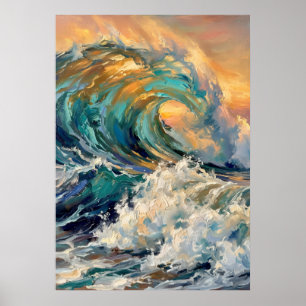 Arte de Ola de Océano y Puesta de Sol