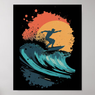Arte de olas de surf al atardecer, siluetas de sur
