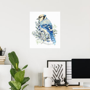 Arte de país de pájaro azul Jay acuarela arándanos