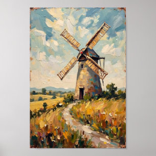 Arte de paisaje de campo con molino de viento vint