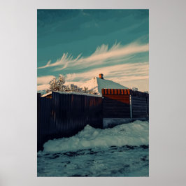 Arte de paisaje de cielo teal con nieve invernal e