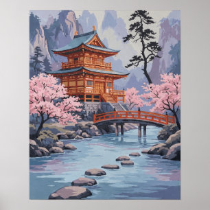 Arte de paisaje de flor de cerezo de pagoda japone