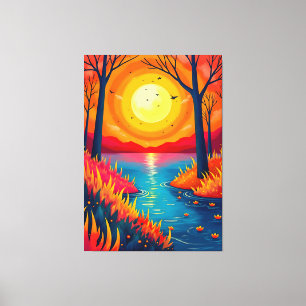 Arte de paisaje de lago al atardecer naranja vibra