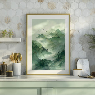 Arte de paisaje de montaña brumoso verde