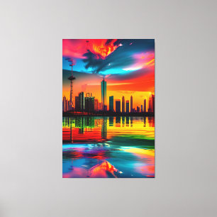 Arte de paisaje urbano con puesta de sol colorida