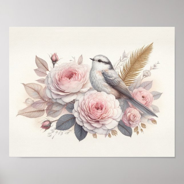 Arte de Pájaro Hermoso y Rosas (Frente)