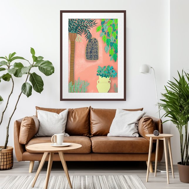 Arte de Palm Tree en las paredes rosadas del Jardí (Morocco Garden Pink Walls Palm Tree Art Poster)