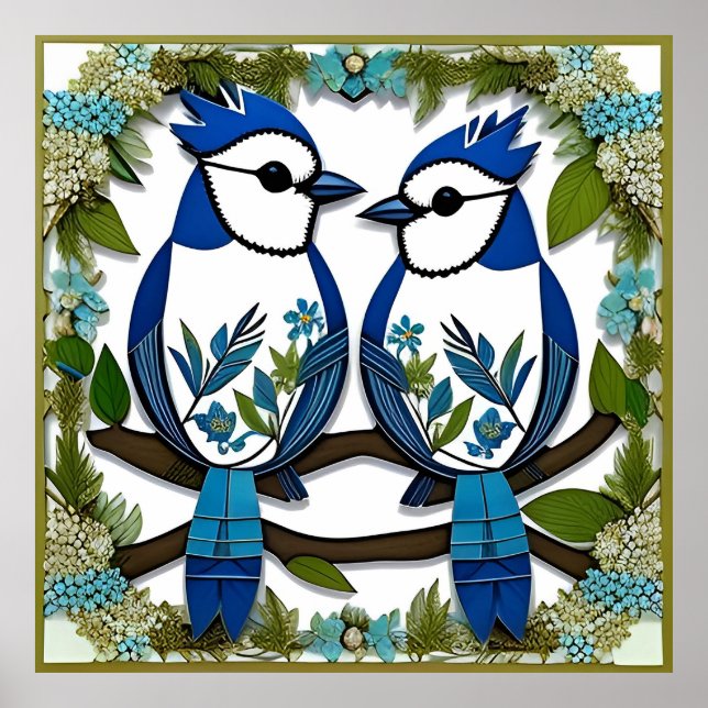 Arte de papel de pájaros arrendajos azules (Frente)
