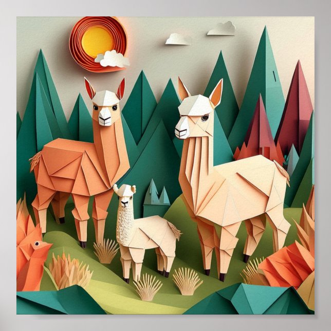 Arte de papel Origami Alpacas Escena 3D (Frente)