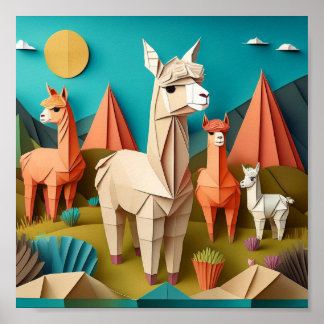 Arte de papel Origami Alpacas Escena 3D
