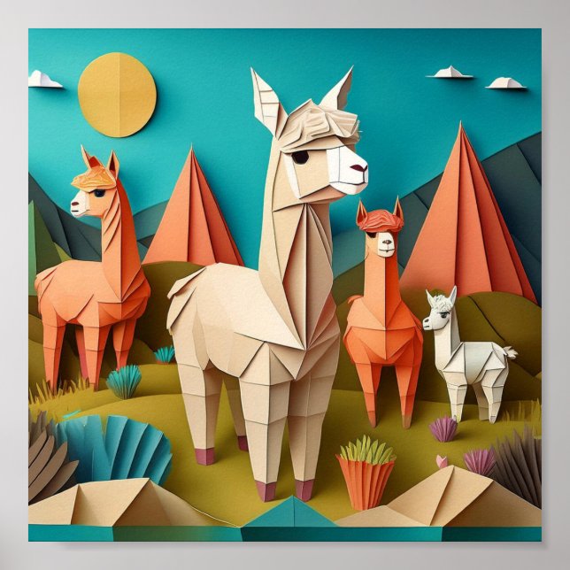 Arte de papel Origami de alpacas Escena 3D (Frente)