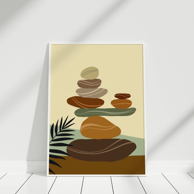 Arte de pared abstracto boho de piedras zen de ter (Boho Terracotta Abstract Zen Stones Poster in white frame against white wall.)