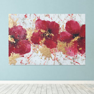 Arte de pared abstracto de flor roja y dorada
