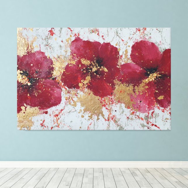 Arte de pared abstracto de flor roja y dorada (Insitu (piso de madera))
