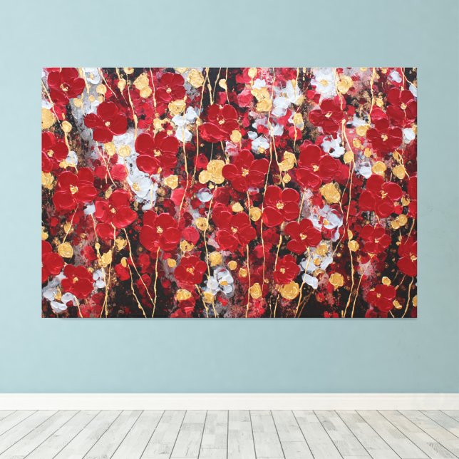 Arte de pared abstracto de flor roja y dorada (Insitu (piso de madera))