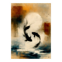 Arte de pared abstracto de peces japoneses Sumi-E 