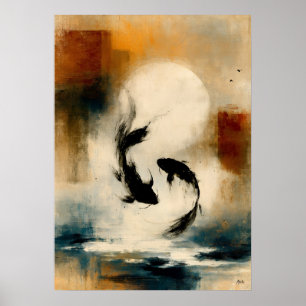 Arte de pared abstracto de peces japoneses Sumi-E