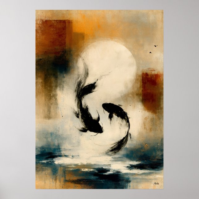 Arte de pared abstracto de peces japoneses Sumi-E  (Frente)