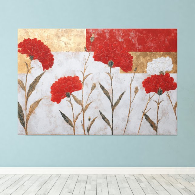 Arte de pared abstracto floral rojo y blanco dorad (Insitu (piso de madera))