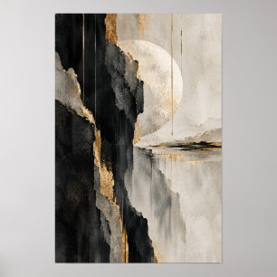Arte de pared abstracto horizonte beige negro dora
