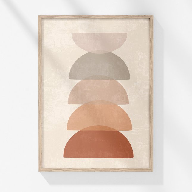 Arte de pared abstracto neutro boho sol de terraco (Boho Muted Terracotta Neutral Abstract Bowls Art Poster in a wooden frame on wihte wall.)