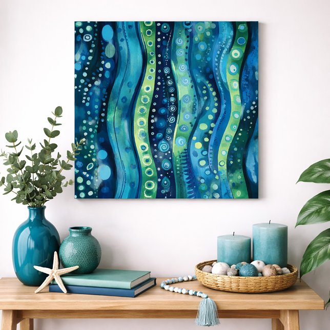 Arte de pared acuarela abstracta verde azul (Blue and green abstract boho waves)