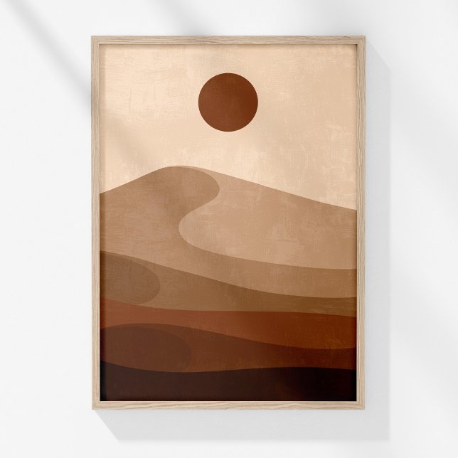 Arte de pared boho neutral paisaje desértico de te (Boho Neutral Abstract Landscape Desert Wall Art in a wooden frame on a sunny white wall.)