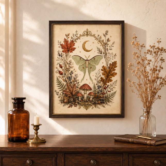 Arte de pared botánico brujo de la polilla luna vi (Victorian Luna Moth Botanical Witchy Wall Art)