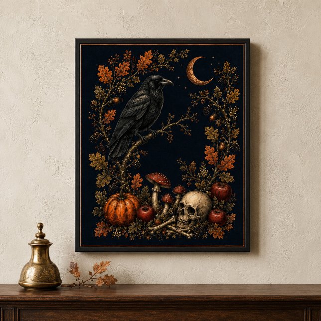 Arte de pared botánico de cuervo de Samhain victor (Victorian Samhain Raven Botanical Wall Art)