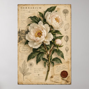 Arte de pared botánico de herbarium de peonía blan