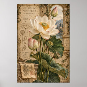 Arte de pared botánico de loto blanco vintage