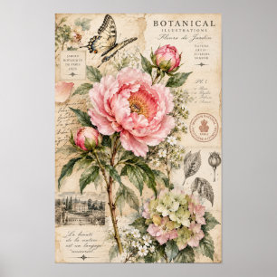 Arte de pared botánico de mariposa peonía rosa vin
